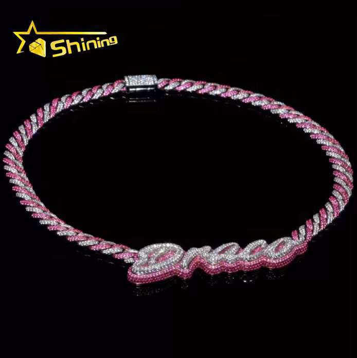 New Arrivals Natural Earth Mined Diamonds 925 Sterling Silver Custom Pink Moissanite Letter Pendant Diamond Cuban Chain Necklace