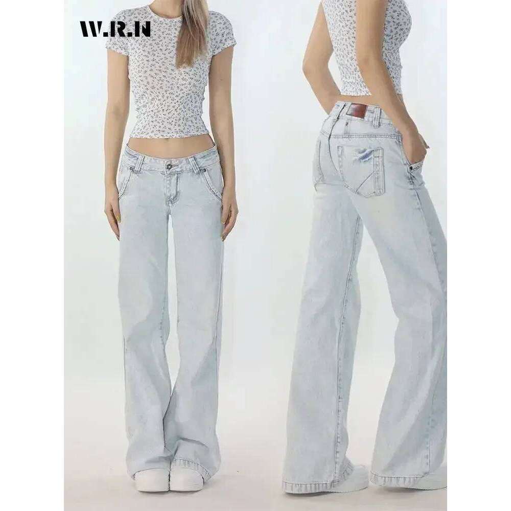 Coats Designer Women Warenew Light Blue Low Waist Jeans Woman Streetwear American Vintage Denim Pants Female Casual Washed Straight Pantalons Mujer De