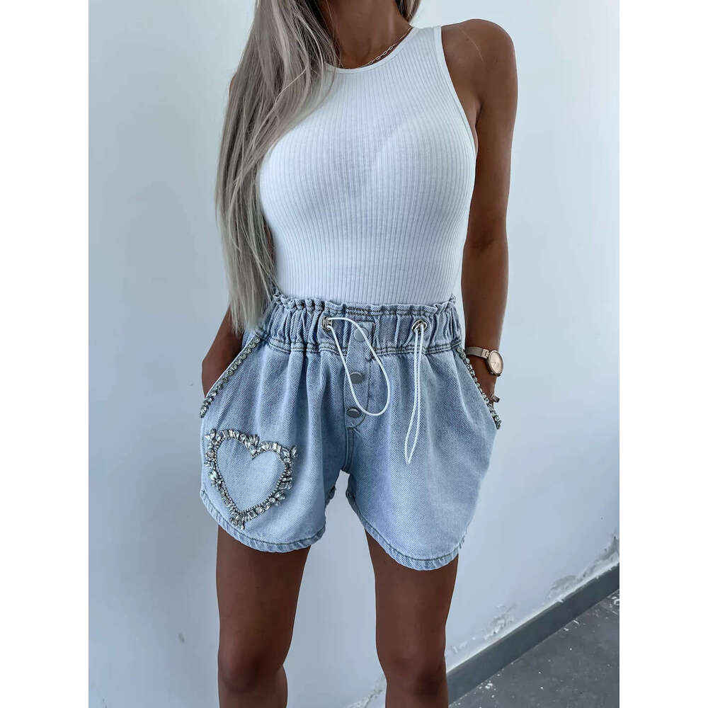 Denim Shorts Jeans Shorts Summer Autumn Fashion Casual Elastic Waist Handmade Rhinestone Decorated Elegant Women S Denim Shorts Ripped Short Jeans