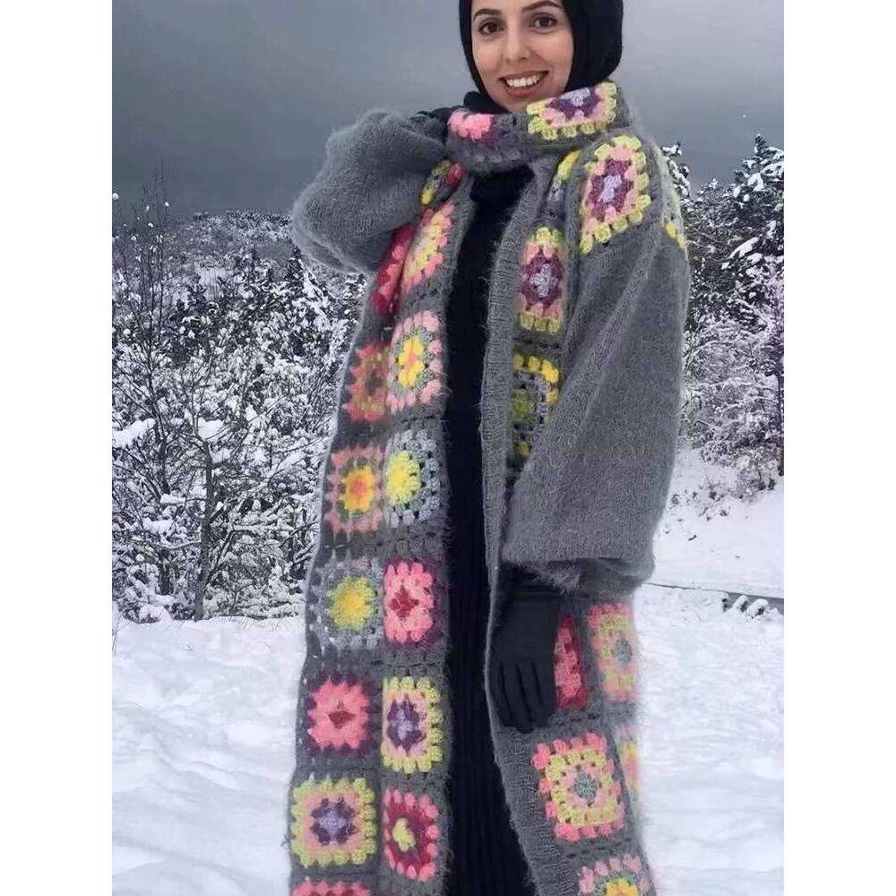 Gypsylady Handmade Kintted Long Multicolor Crochet Women Winter Cardigan Gray Pink Sweater Outerwear Coat