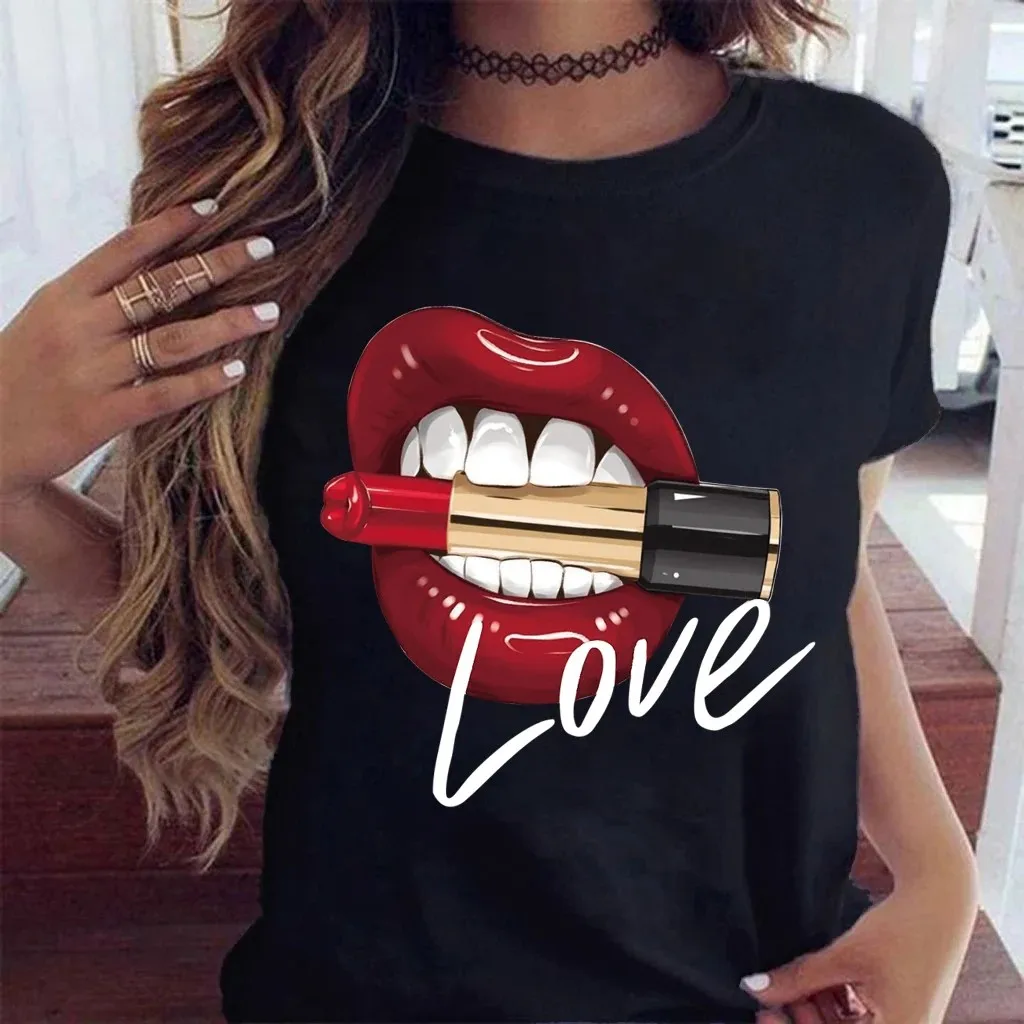 Women Designer Tops O-neck Sexy Black Tees Kiss Lip Funny Summer Female Soft T Shirt Lips Watercolor Graphic T Shirt 2025 New