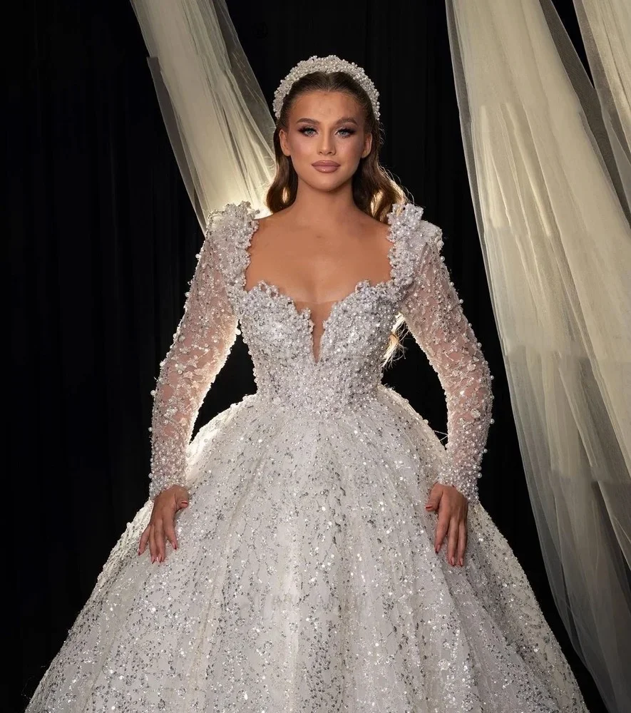 Pretty A Line Wedding Dress For Women Sweetheart Neck Long Sleeves Bridal Gown Pearls Sequins Sweep Train Dresses Custom Made vestidos de novia