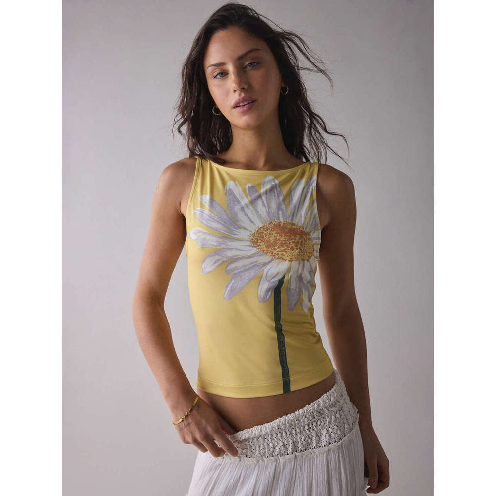 2025 Trendy Sunflower Print Sleeveless Vest T-Shirt Women's Top Y2K Sports Casual Style 1062