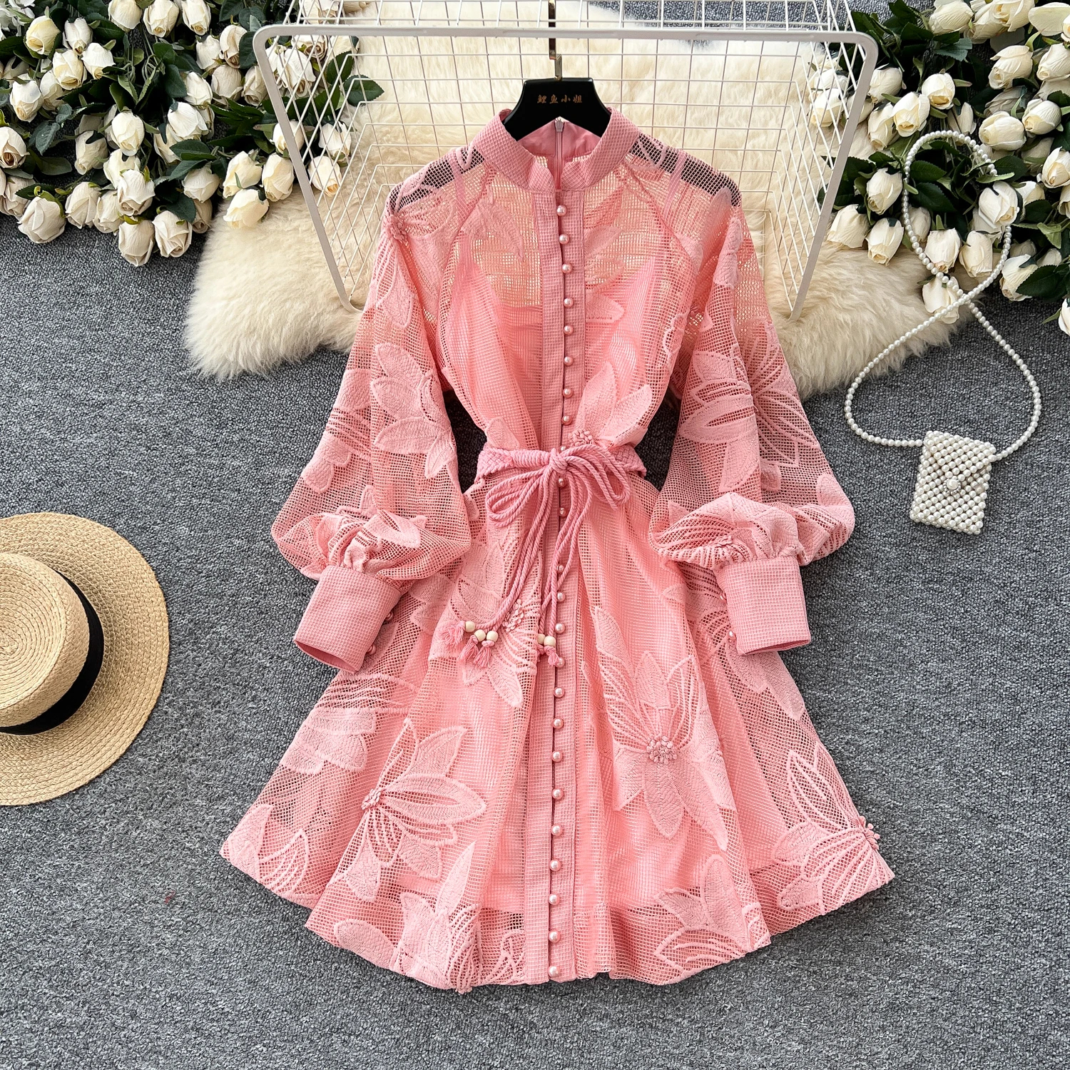 Women Casual Dresses Spring Summer French Lace Embroidery Women's Dress Stand Collar Long Lantern Sleeve Single Breasted Belt Party Birthday Dres