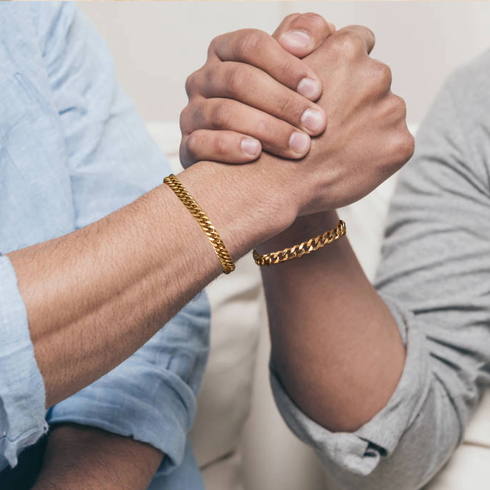 Vnox 2 pieces Cuban Chain Bracelets for Women Men Gold Plated Unisex Stainless Steel Curb Links Wristband Stacked Bracelet 250530