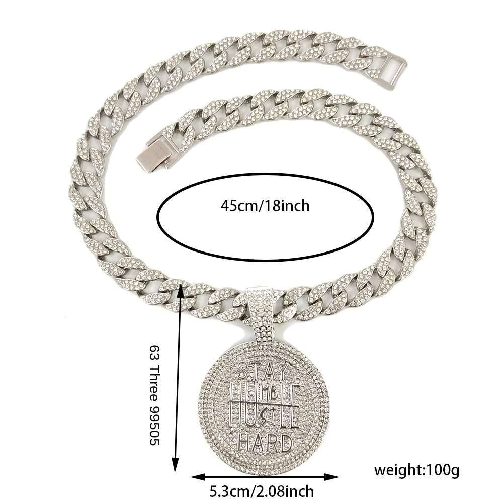 Wholesale Mens Hip-Hop Stay Hard Letter round Plate Pendant Necklace Full Diamond Cuban Link Chain with Gold Plating