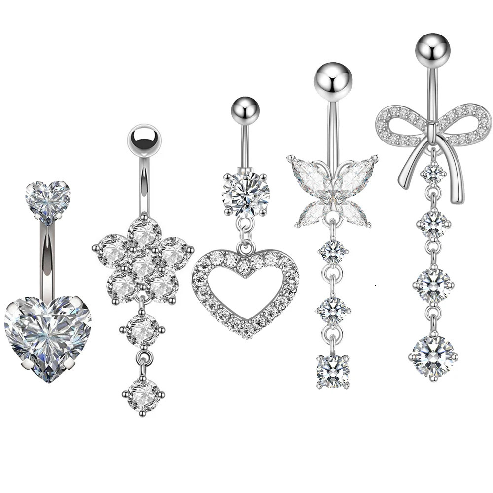 5pcs Pink Series Butterfly-Bow Belly Button Ring Sets 14G Curved Navel Piercings Nombril Women Heart Flower Zircon Belly Rings 250530