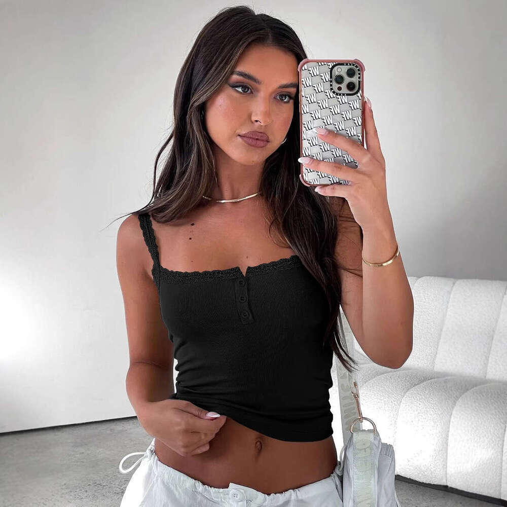 2025 Y2K Vest Solid Color Strap Sexy Slim Button Top Crop Fashion Versatile
