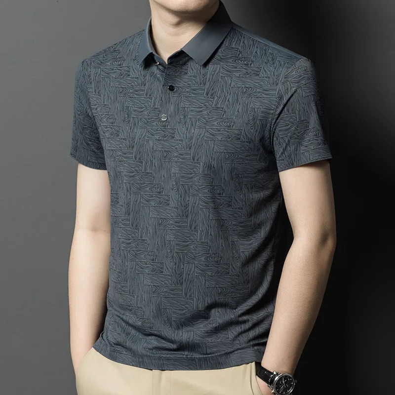 Ice Silk Short-sleeved T-shirt for Men with Lapel Print Summer Thin Casual Short-sleeved Polo Shirt for Men 250526