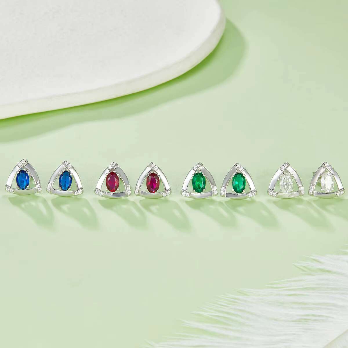 Original Jewelry Triangle 925 Sterling Silver Emerald Ruby Sapphire Vvs Gra Oval Cut Moissanite Earrings