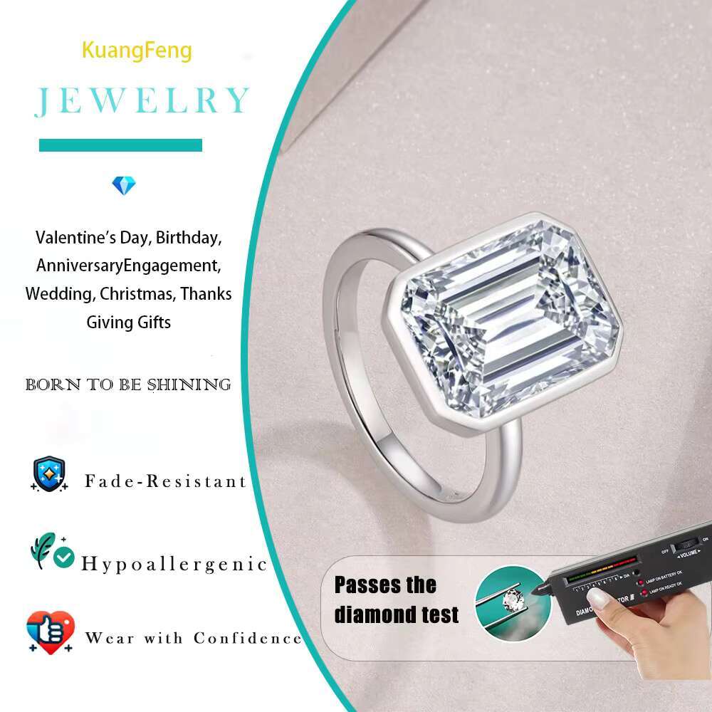 10CTW Moissanite Ring 925 Sterling Silver Platinum Plated Emerald Cut Budget Friendly Statement Style Jewelry for Women