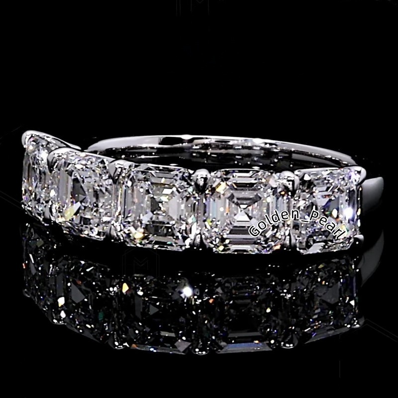 Igi CVD HPHT Lab Grown Created Diamond 14k/18k Solid Gold Asscher Cut Five Stone Eternity Wedding Match Band Ring for Women/Men