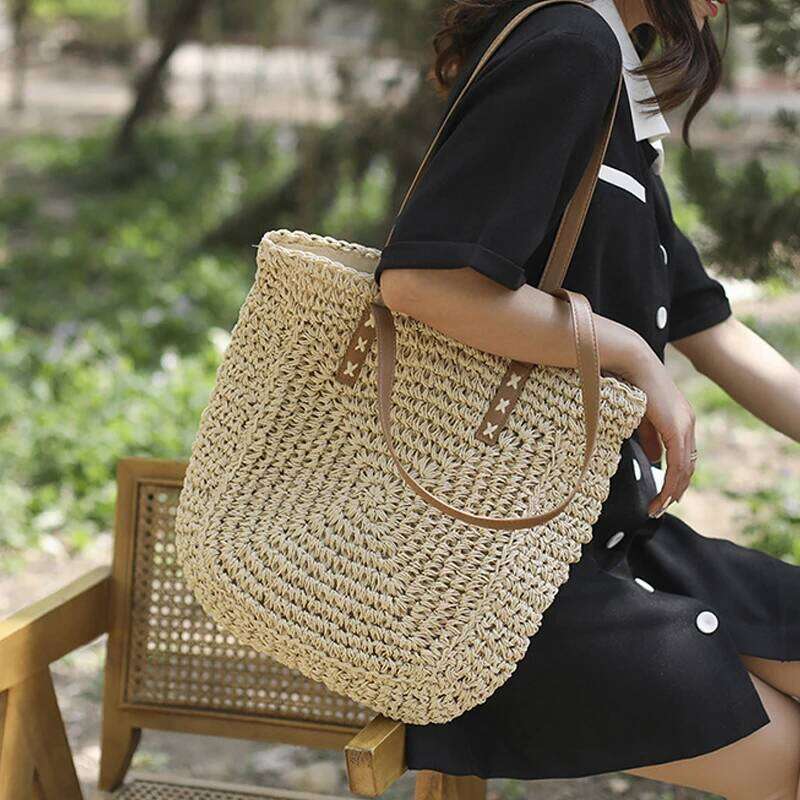 Handmade Woven Straw Beach Large Capacity Shoulder Bag Women Raffia Travel Shopper Totes Summer Vacation Casual Handbags