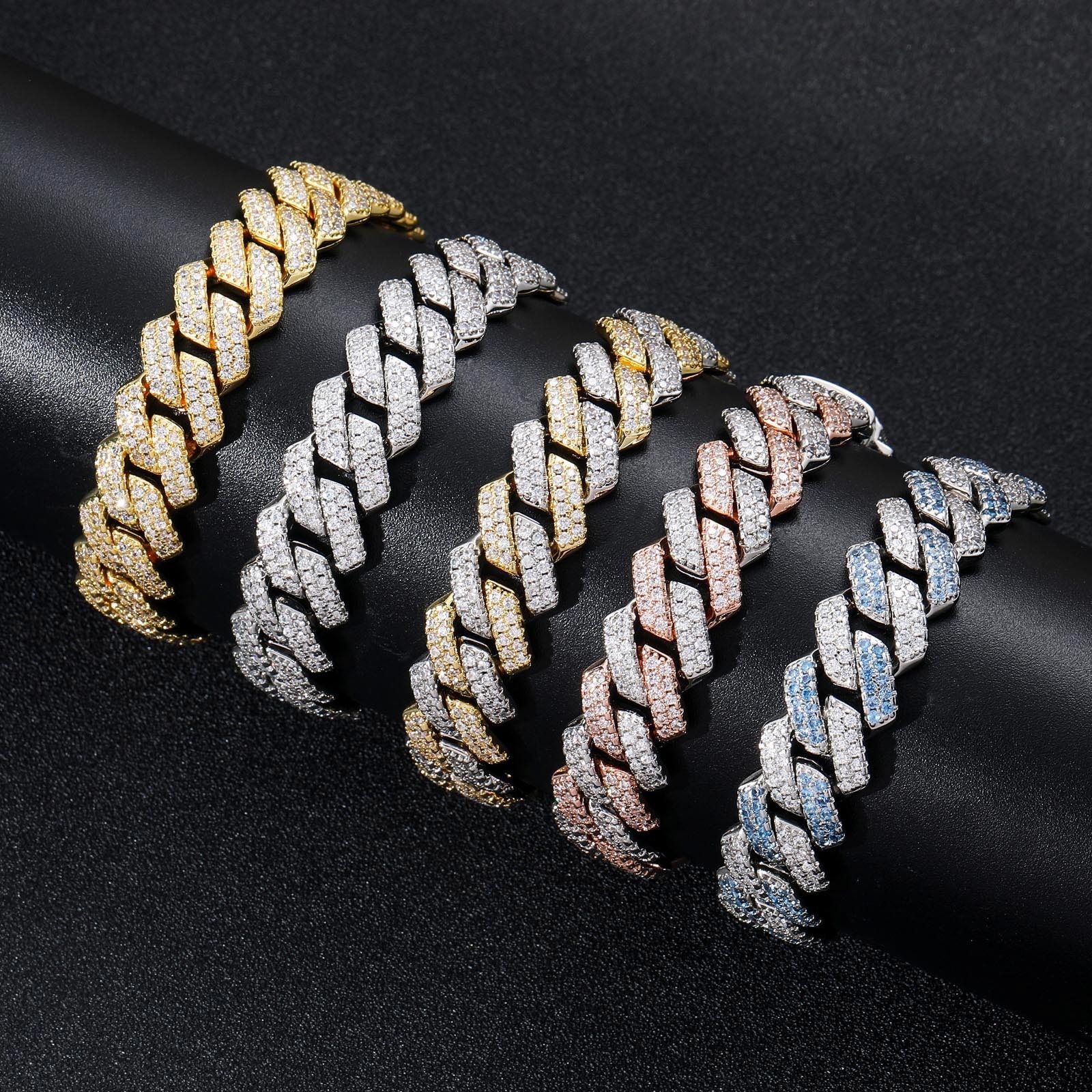 Bracelet 14mm strip diamond dense CUBAN CHAIN blue white Moissanite mens Cuban chain hip hop Bracelet moissanite