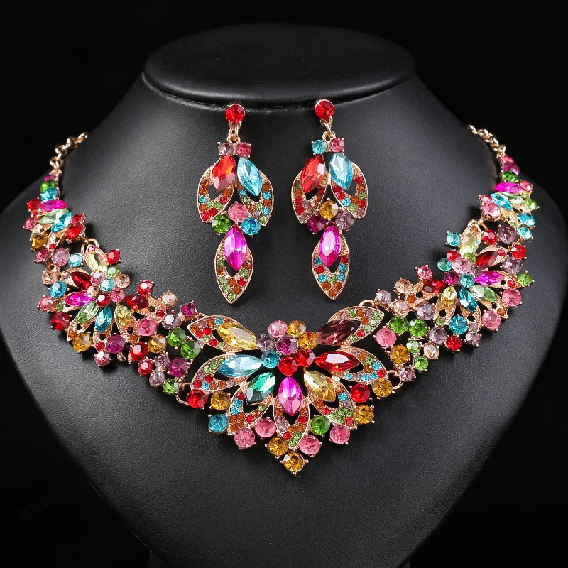 Advanced retro necklace earring set leaf Multicolored flowers luxurious crystal jewelry brides wedding dress accessories 250530