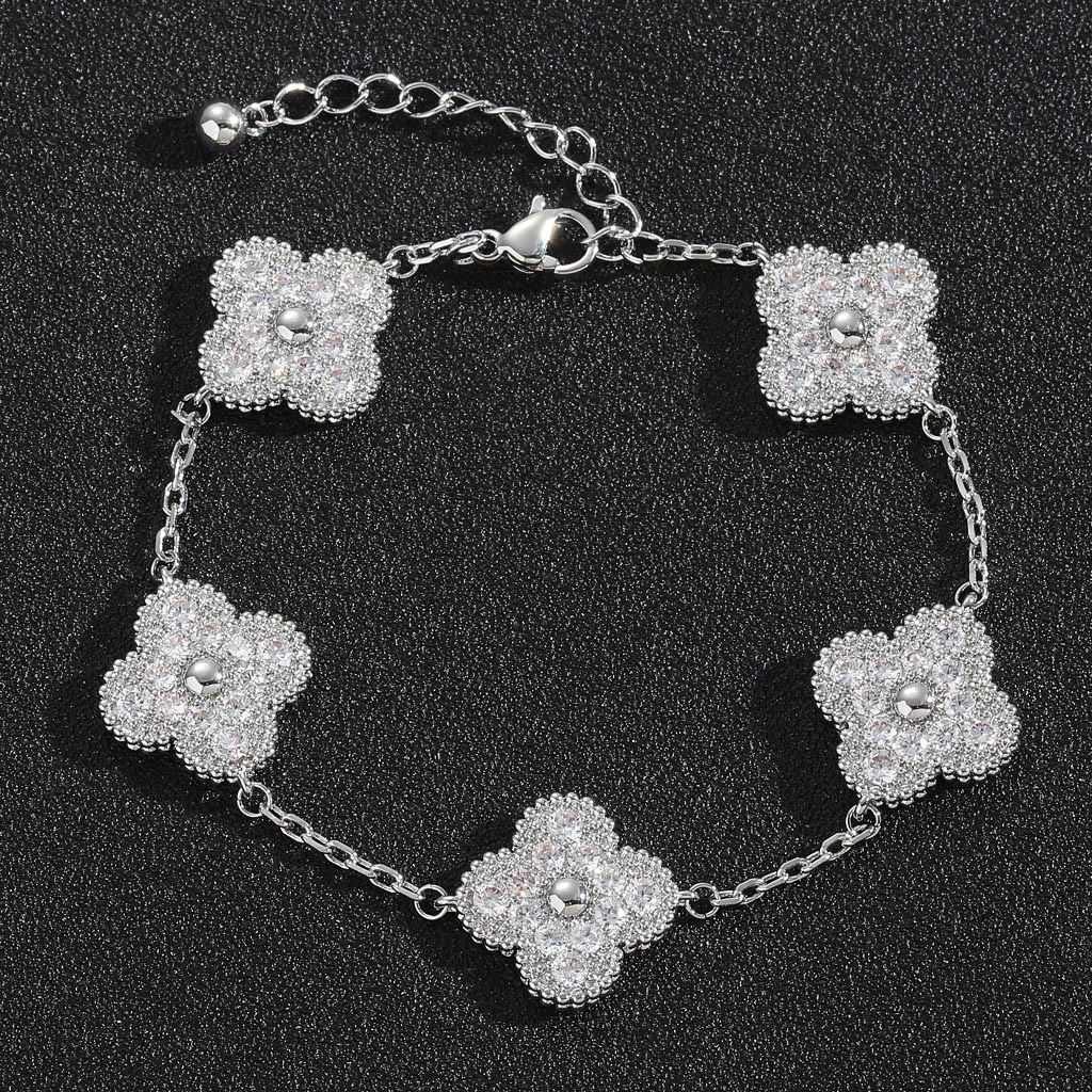 New Clover Bracelet Copper Micro-inlaid Moissanite Personality Trendy Womens Bracelet Hip-hop Niche Accessories Flower Bracelet moissanite