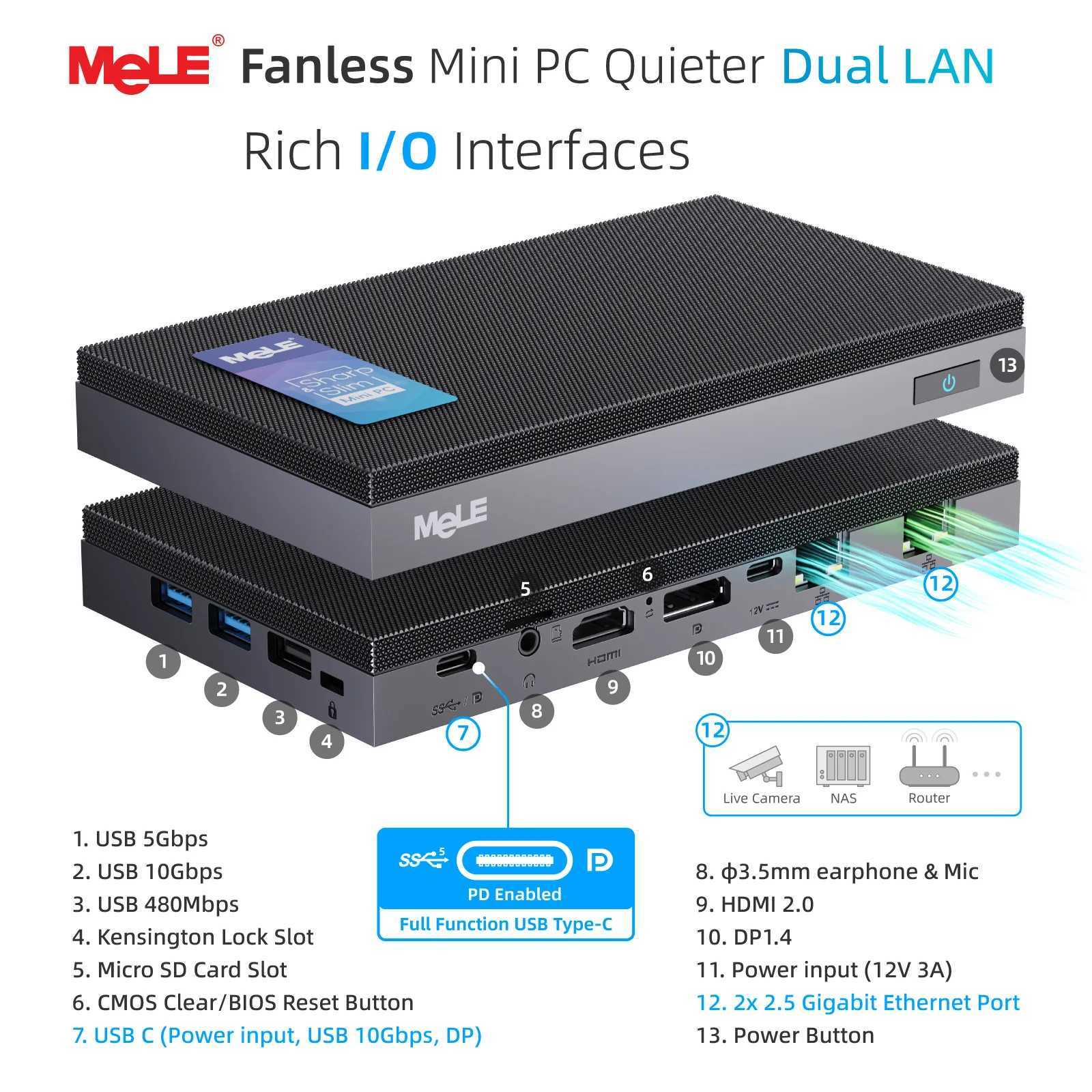 MeLE QuieterDL Fanless Mini PC 2.5Gb Dual LAN N100 Micro PC USB-C HDMI2.0+DP1.4 Triple Display Desktop Computers X250602