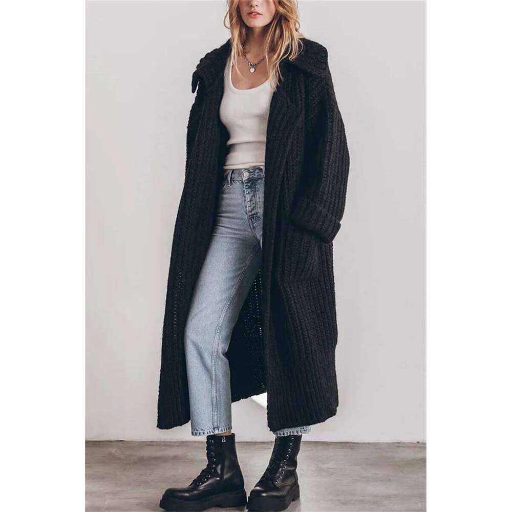 2024 Women's Autumn And Winter Maxi Cardigans Single Breasted Oversized Sweaters Solid Color Large Collar Boho Long Knitwear