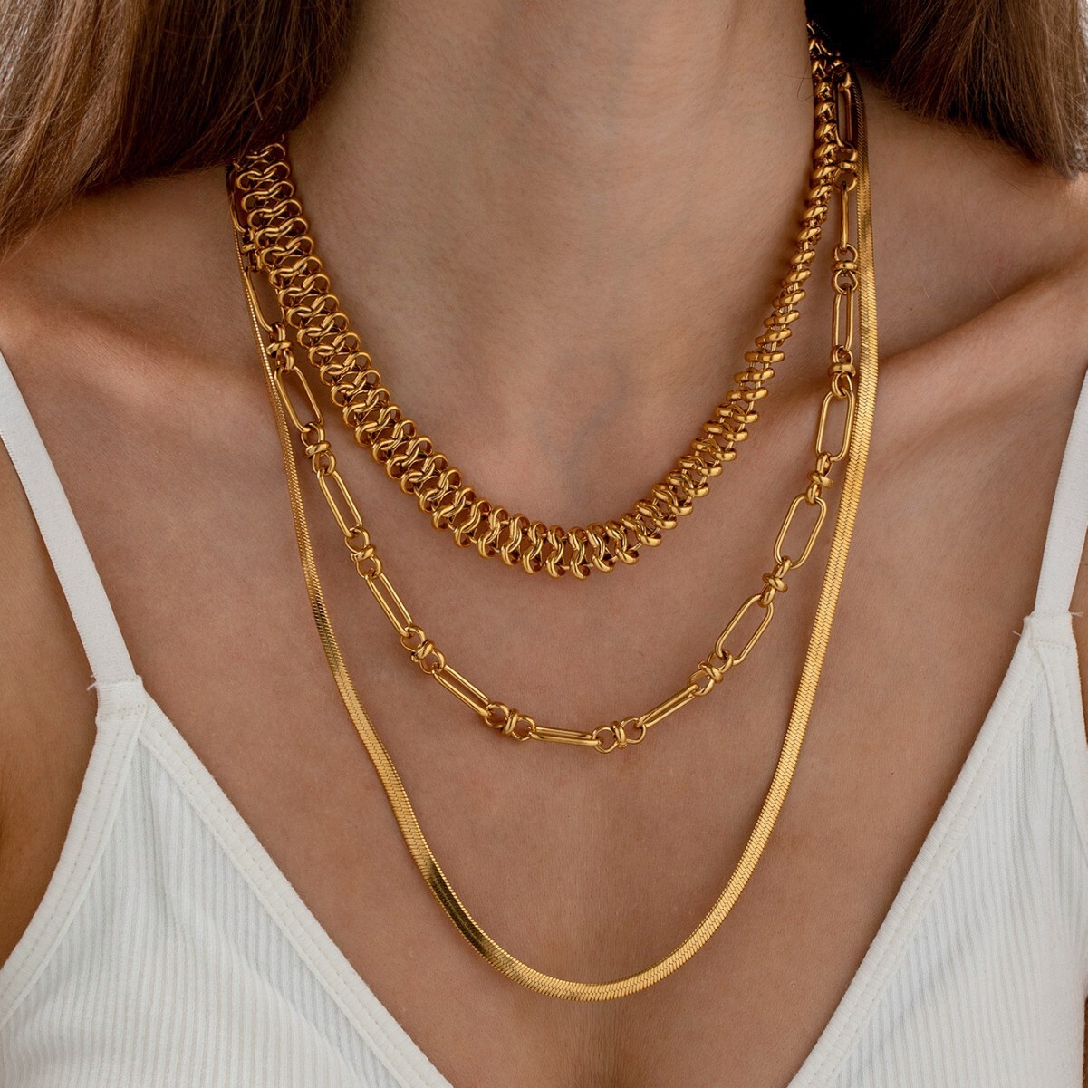 Round Wrinkle Multi-layer Daily Versatile Stainless Steel Geometric Patchwork Gold-plated Women's Jewelry Necklace