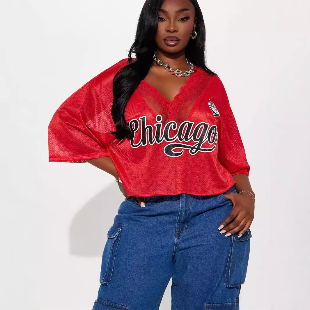 Designer T Shirt Summer New European And American Fashion Retro Street Letter Print Loose V Neck Lace Patchwork Short Sleeve T Shirt Essentials Summer