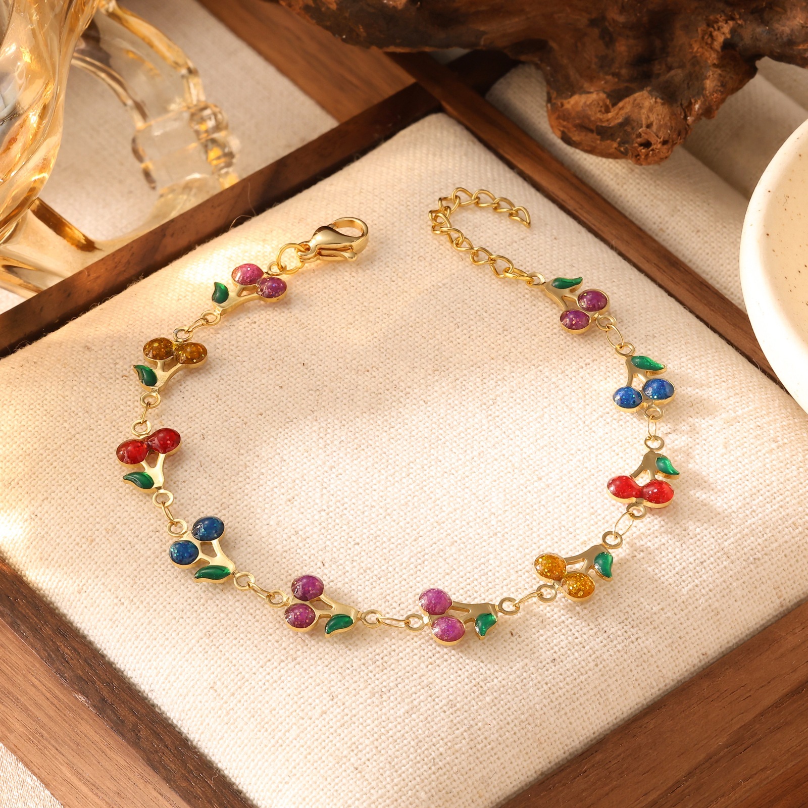 Gold Plated Enamel Cherry Bracelet Necklace Ins Stainless Steel Jewelry