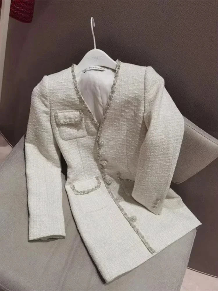 Vintage Tweed Mini Dress Women Elegant V Neck Black Long Sleeve Dresses Korean Single Breasted Bodycon A Line Vestidos 250529