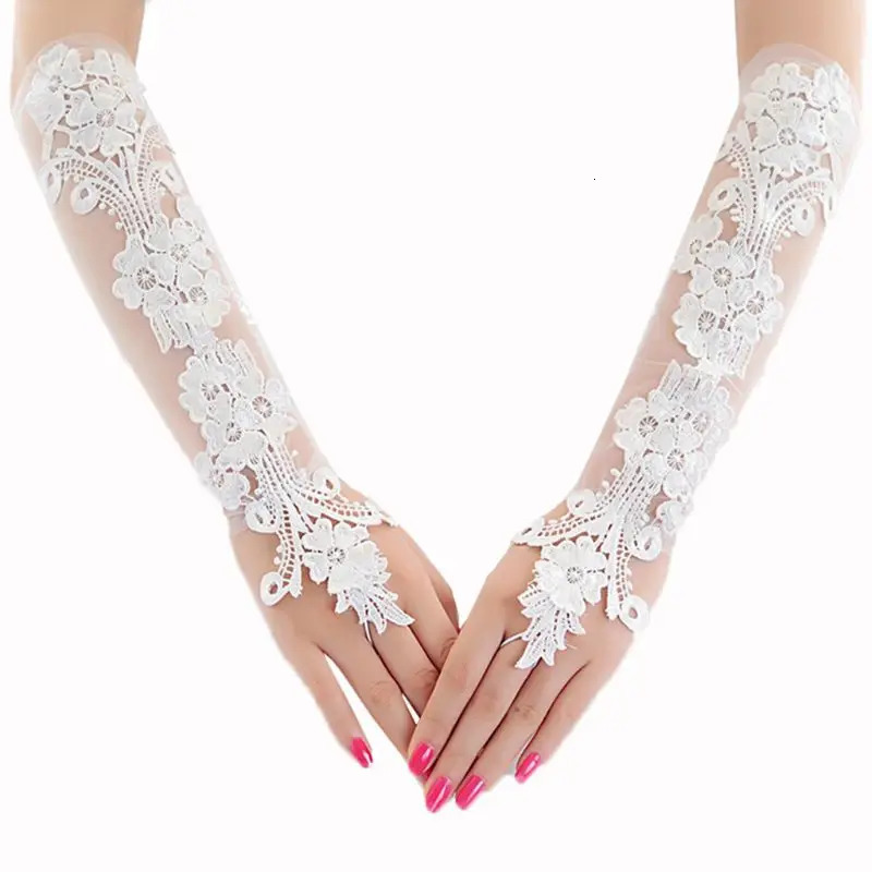 Sweet Embroidery Floral Lace Long Gloves Sheer Mesh Wedding Bridal Prom Mittens 250530