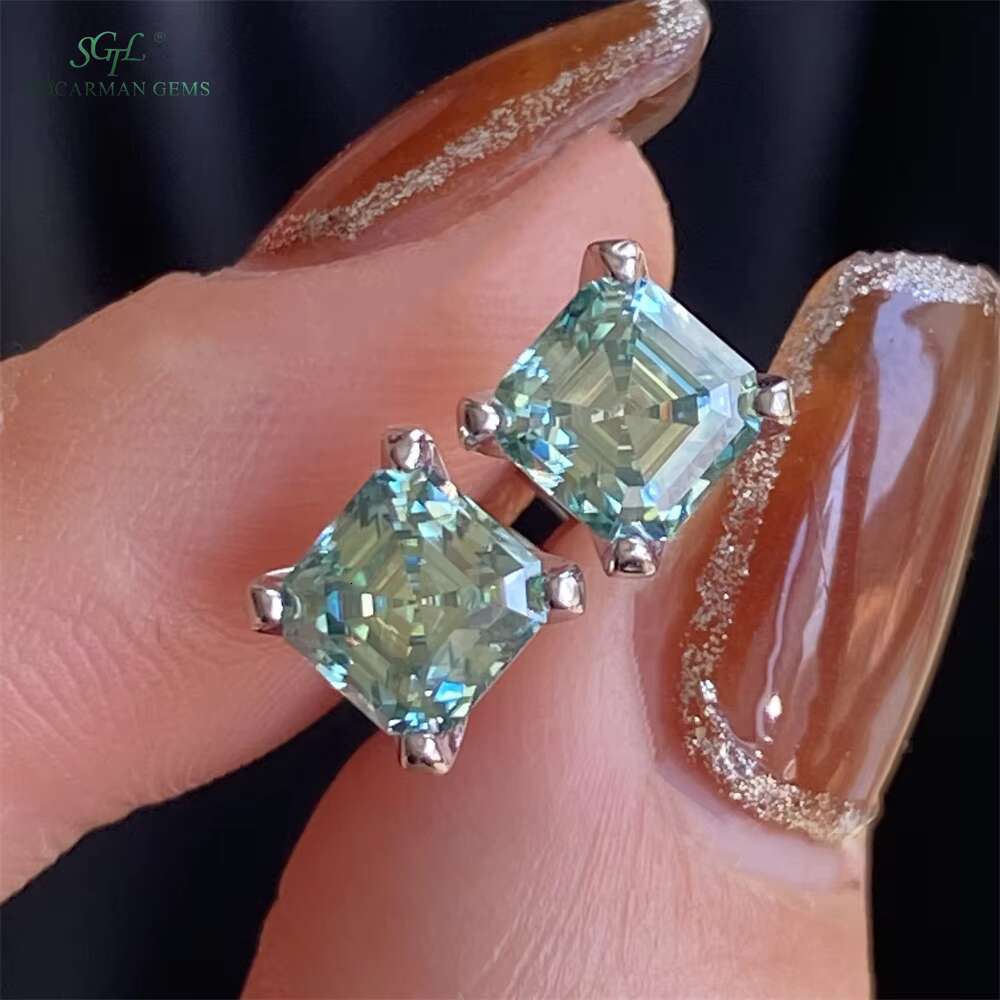 Asscher Cut Moissanite Stud Earrings 1ct 2ct 4-Prong 925 Silver Platinum Plated | Womens Classic Earrings Gift Fast Shipping