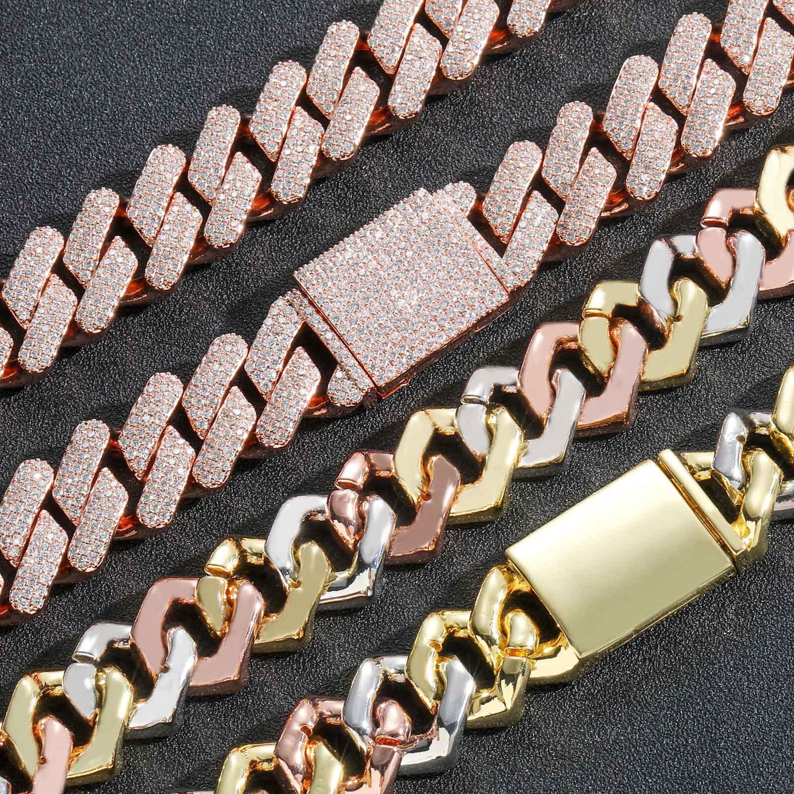 Bracelet Hip Hop 20MM Diamond Tri color Rose Gold Miami Bar Cuban Chain Hip Hop Mens Bracelet moissanite