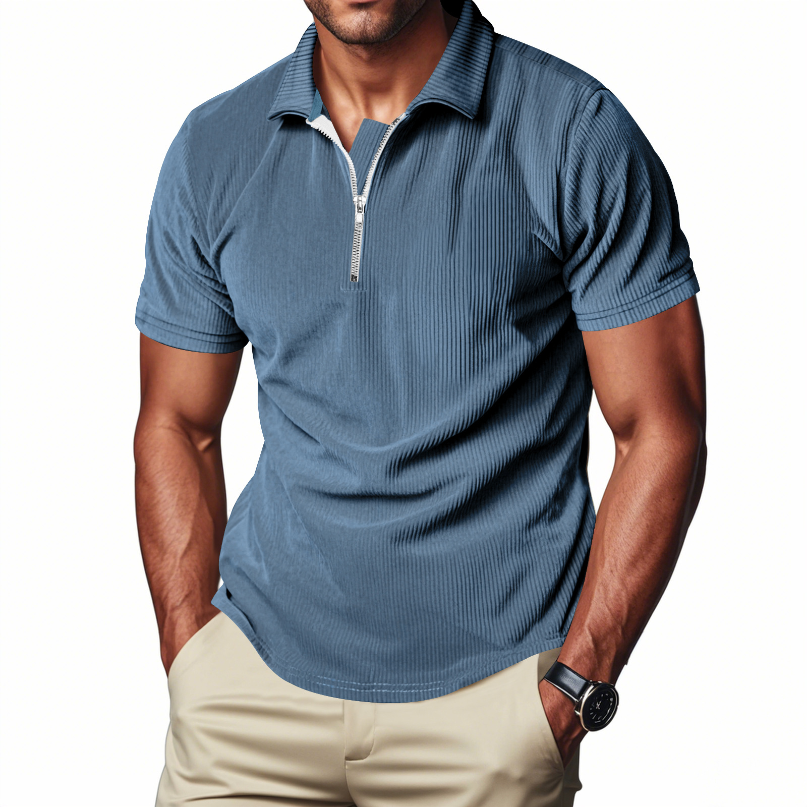 designer t shirt polo shirt Mens Summer Loose Corduroy Amekaji Half Zip Polo Short Sleeve T Shirt
