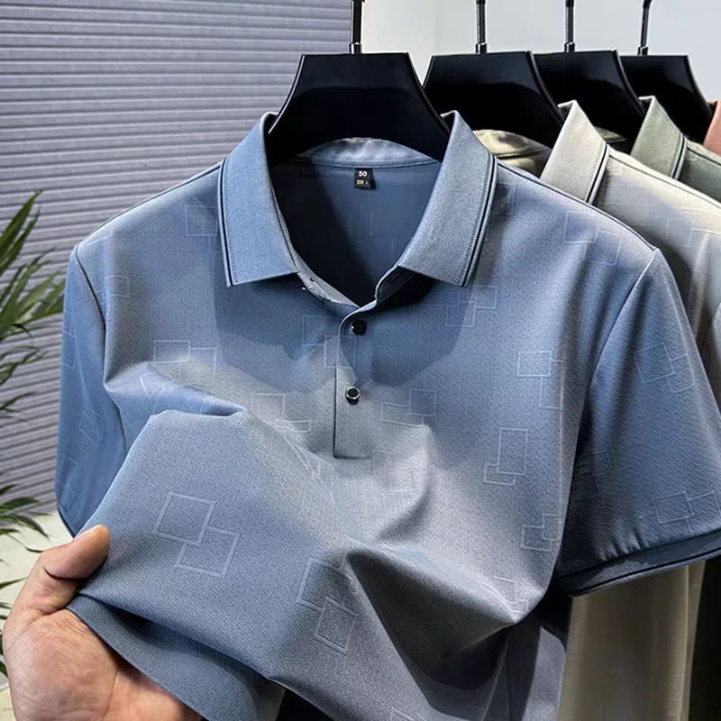 Personality checkered jacquard mens short sleeve polo shirt high-quality ice silk breathable cool summer solid color T-shirt 250526