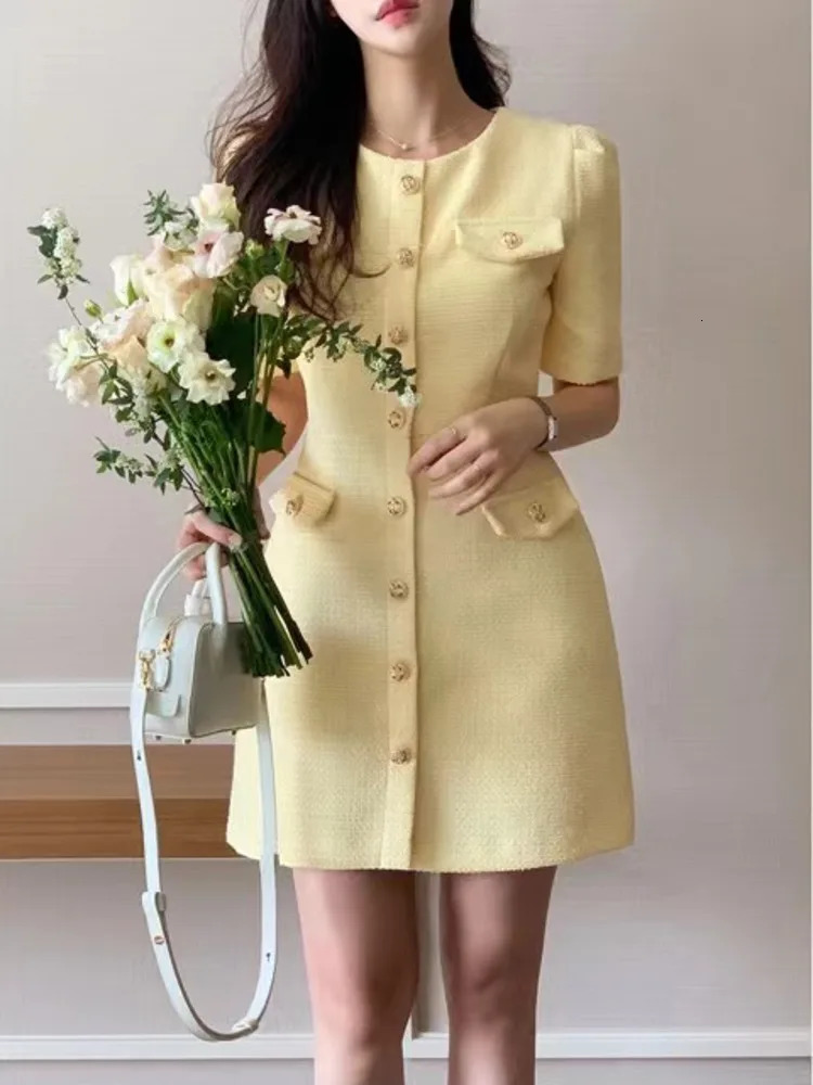 Korean Style Chic Temperament Women Skirt French Small Fragrant O-neck Elegant Coarse Tweed Short Sleeve Dresses Female Clothes 250529
