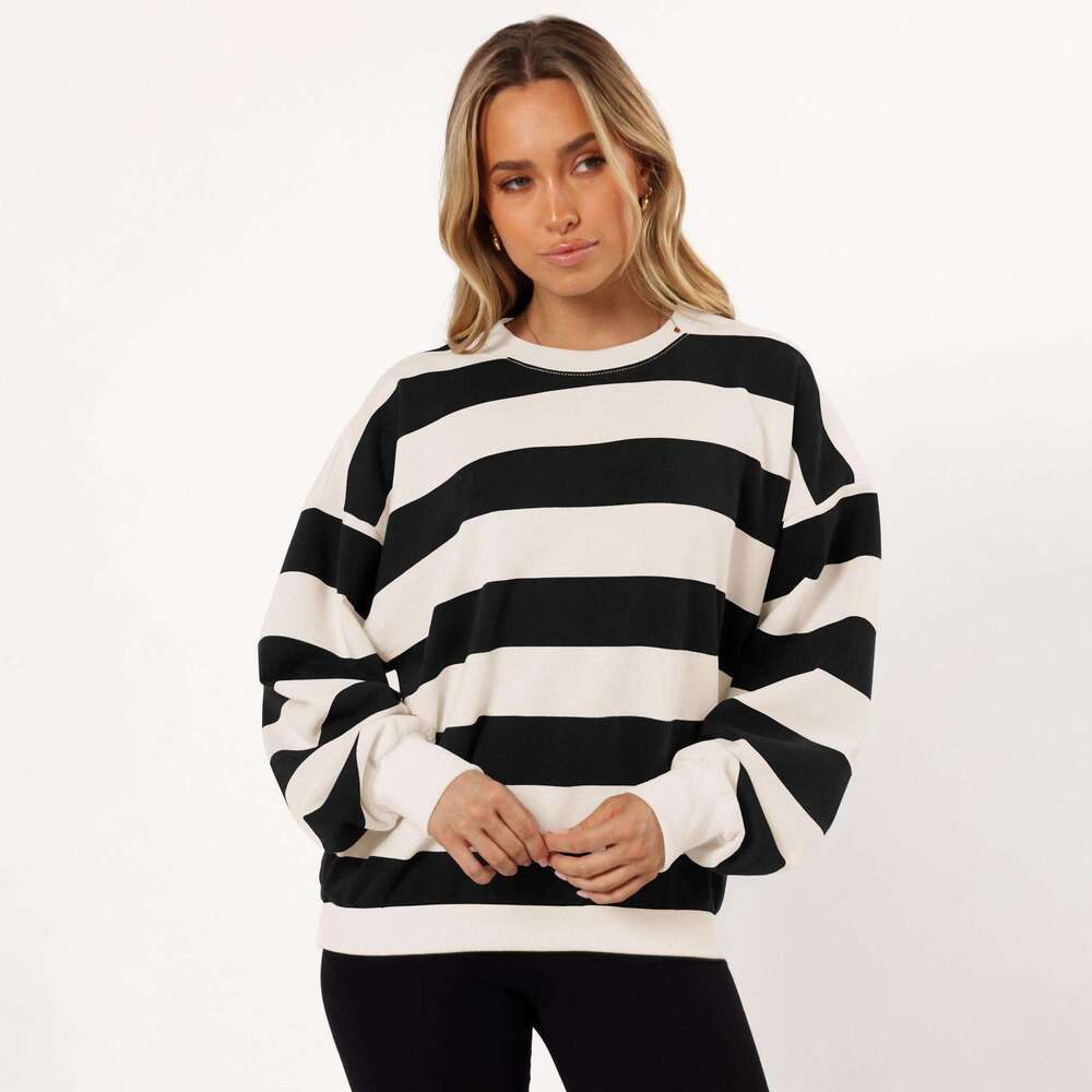 Hot-Selling Trendy Loose Fit Cool Striped Crew Neck Lantern Sleeve Women's Sweatshirt for Autumn and Winter