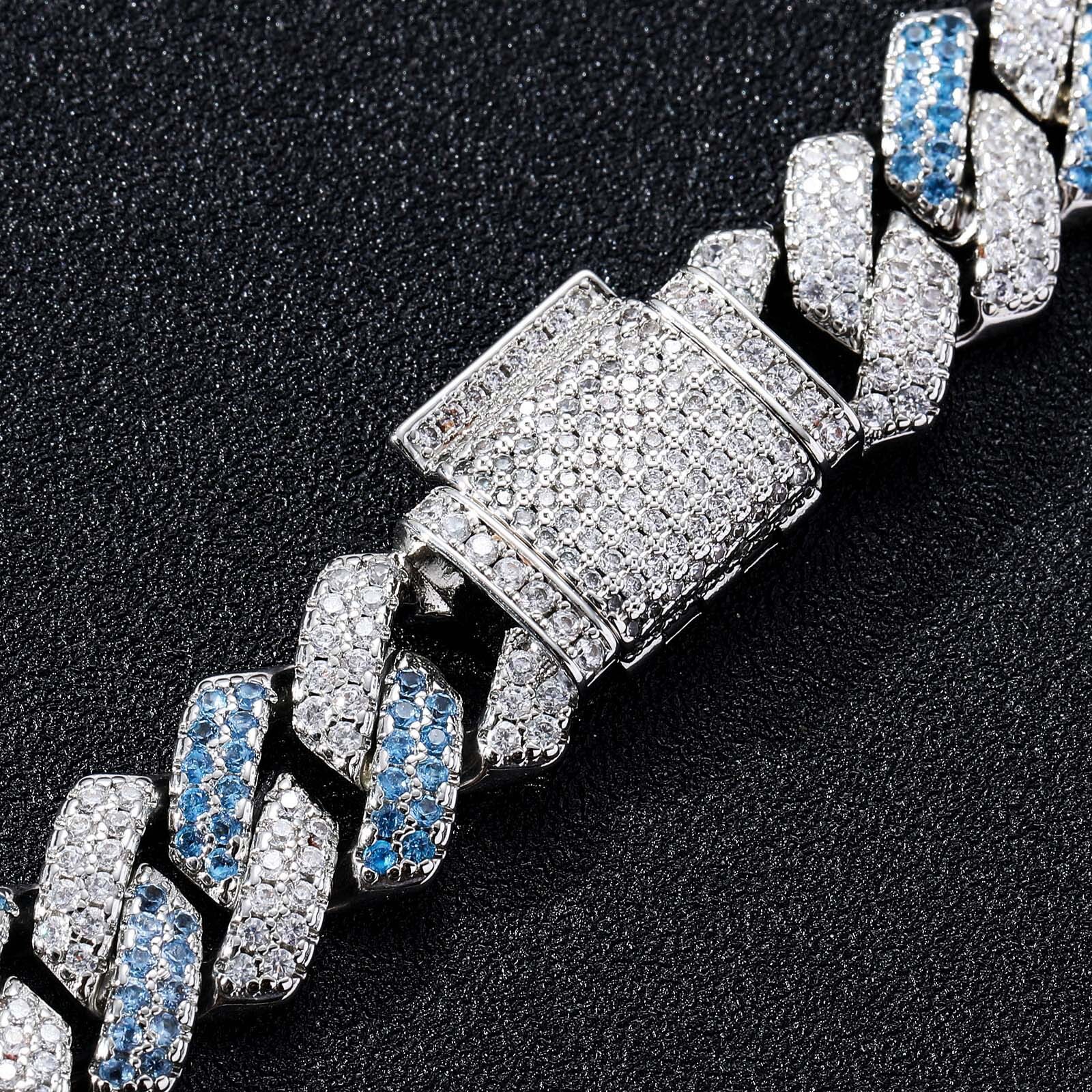 Bracelet 14mm strip diamond dense CUBAN CHAIN blue white Moissanite mens Cuban chain hip hop Bracelet moissanite