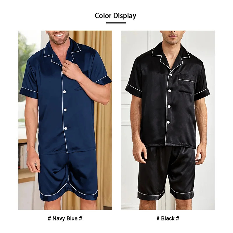 Men Satin Pajama Set Sleepwear for Man Summer Short Sleeve ButtonDown Shirt Shorts Pajamas 2 Piece Home Clothes Suit 250526