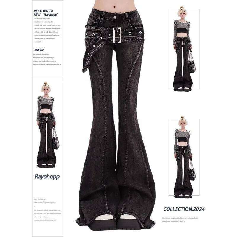 Y2k High Street Washed Black Micro Flared Jeans For Women Spring Hot Girl Belt Frayed Edge Design Slimming And Wide Leg Pants