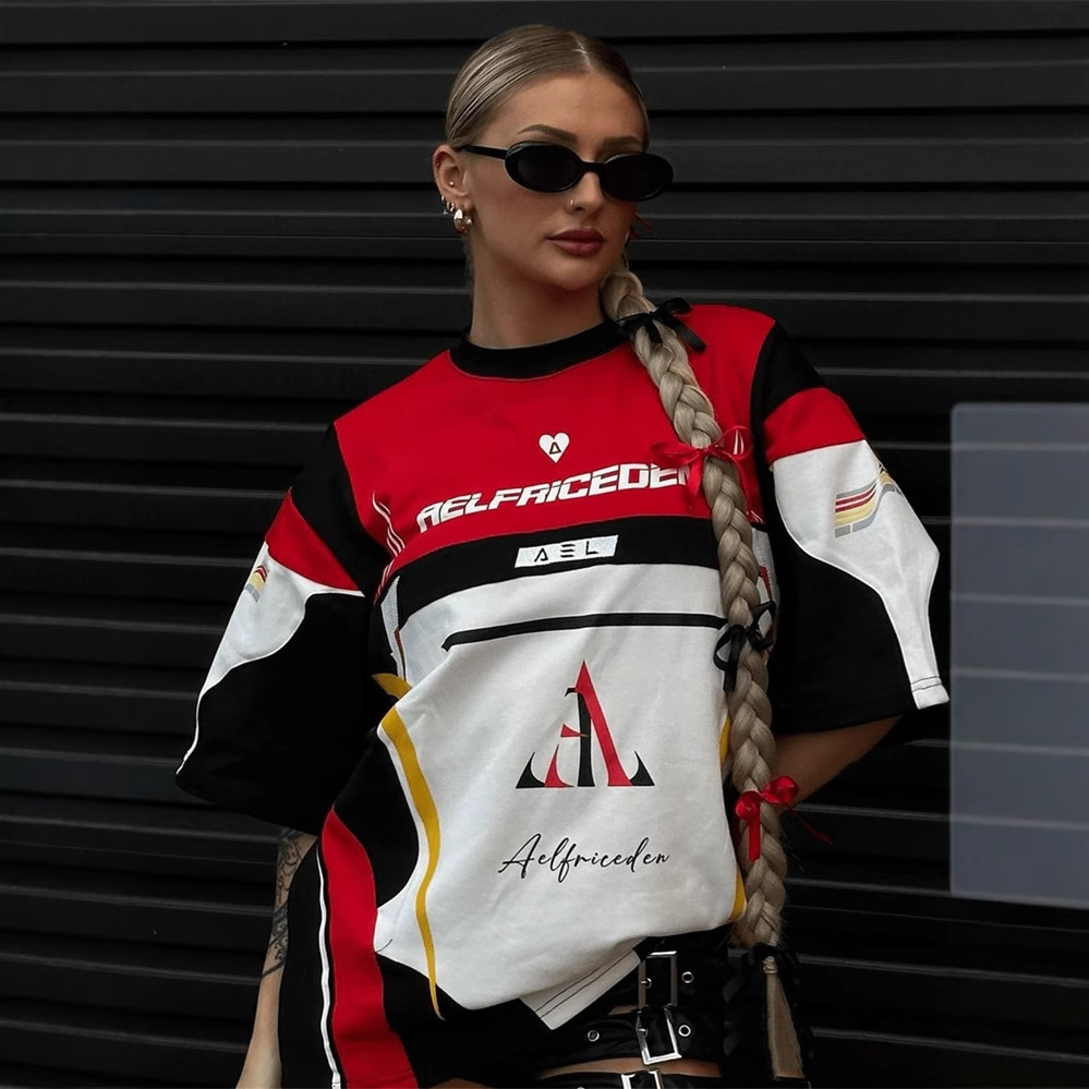 Designer T Shirt Autumn New Trendy Fashion Printed Motorcycle Style High Street Retro American Short Sleeve Top Color Block T Shirt For Women Essentia