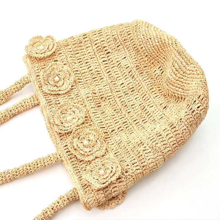 Straw Beach Tote Korean Style Sweet Outing Versatile Straw For Women Simple Fashion Flower Pearl Decoration Handmade Raffia Bag Crossbody Bag