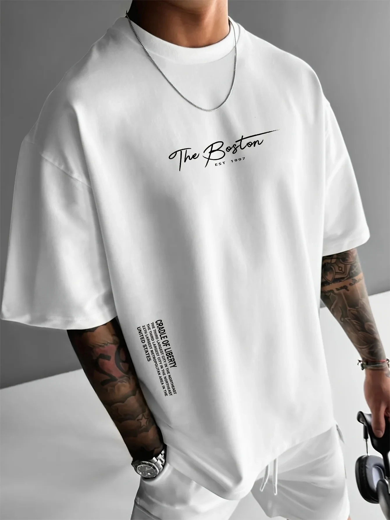 Mens Casual Fashion T-shirt Printed Cotton Boston Slogan Letter Crew Jumper Summer Daily Outdoor Sports Leisure Sports 250530