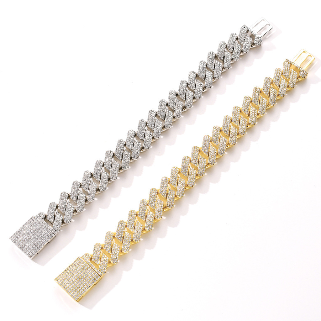 Bracelet hip hop genuine gold plated 20mm solid CUBAN CHAIN full of Moissanite big box buckle mens Bracelet moissanite