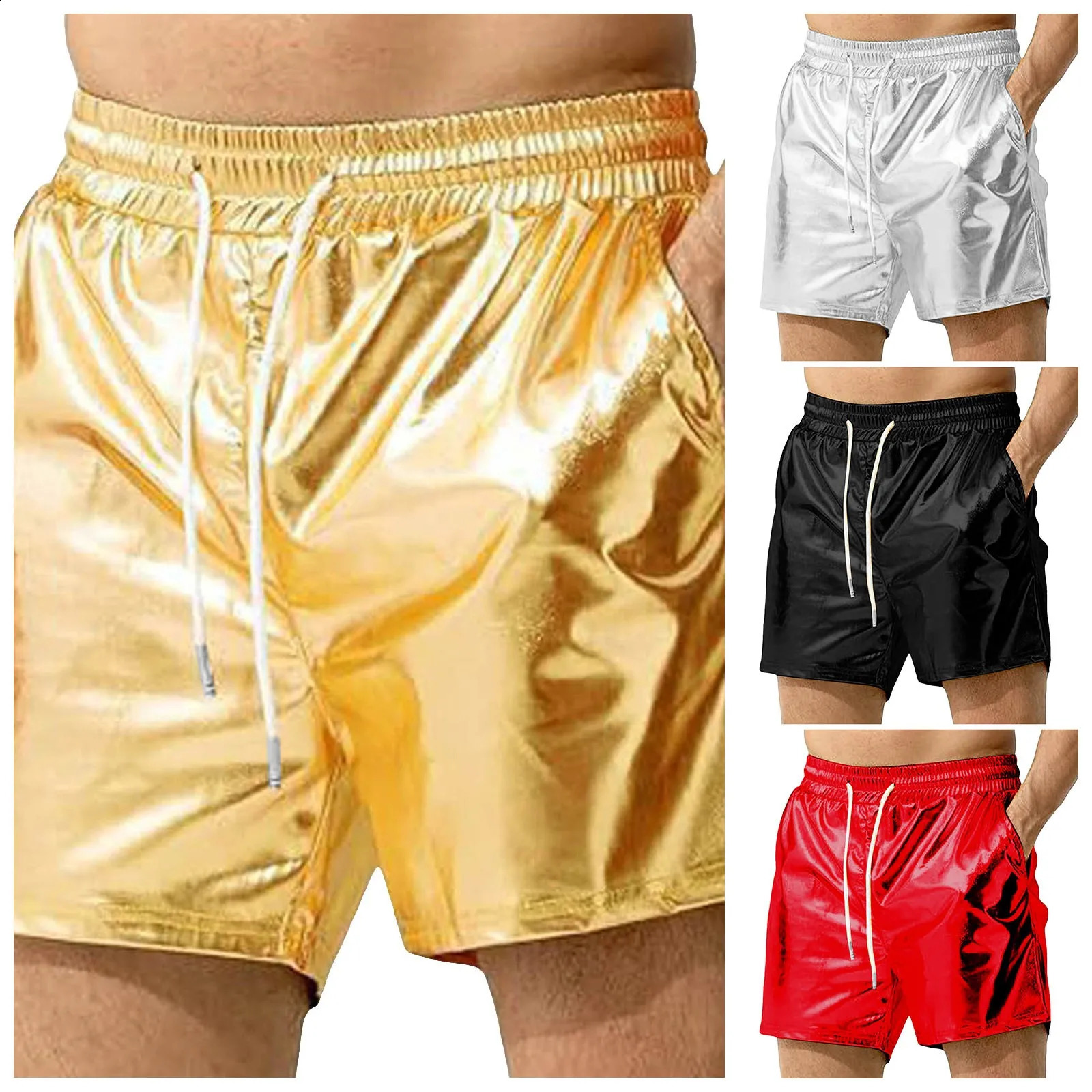 Mens Cotton Beach Shorts Sexy Metallic Shiny Sparkly Elastic Waist Drawstring Pants With Pockets Glitter Outdoor Holiday 250530
