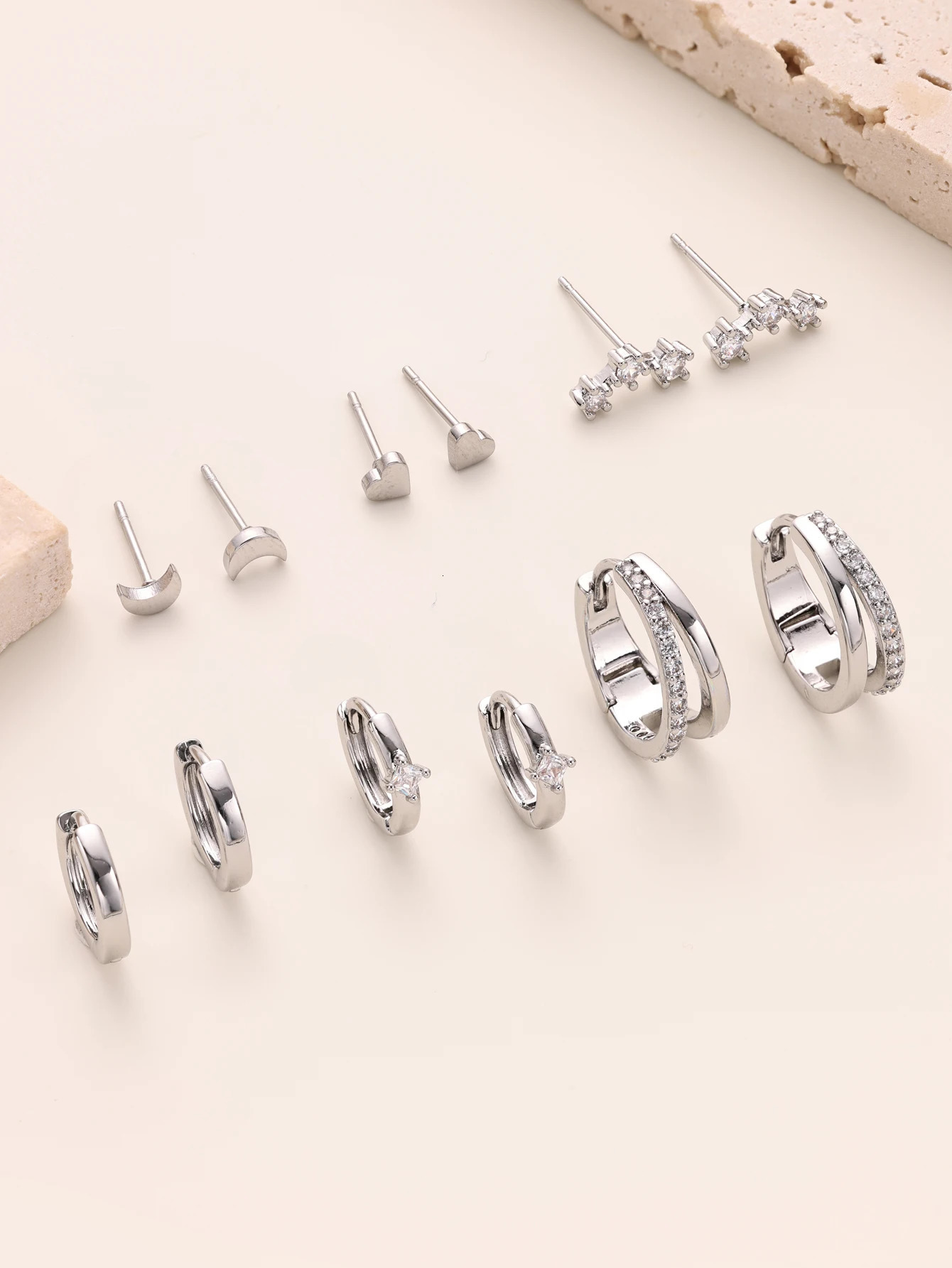 6 Pairs Small Gold Hoop Stud Earrings Set for Somen 14K Gold Plated Huggie Hoop Earrings Double Hoop Earrings CZ Stud Earrings 250526