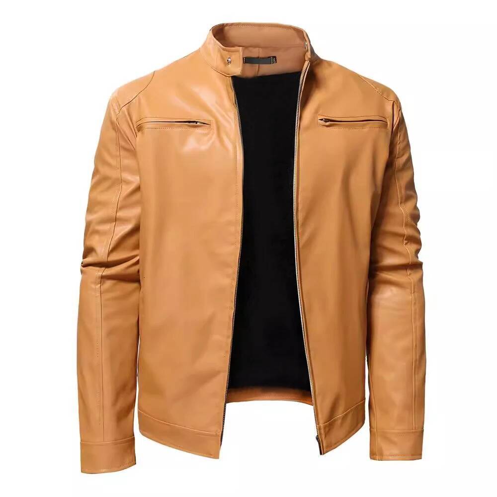 Autumn Mens Stand Collar Coat Black Leather Motorcycle Solid Color Zipper Streetwear Winter Warm Biker Jacket Men