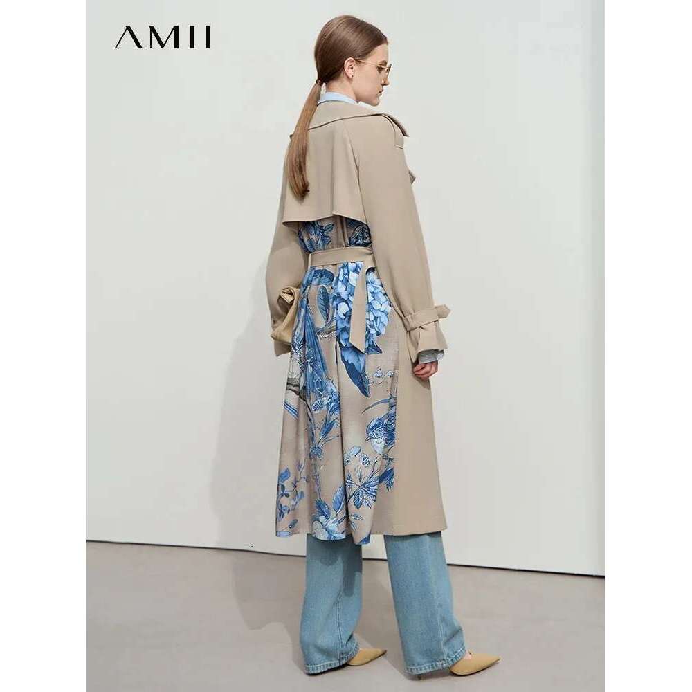 Amii Minimalist Spring Women's Clothing Long Belt Loose Printing Trench Coat Splicing Fashion Elegant Commuter Jacket 12551006