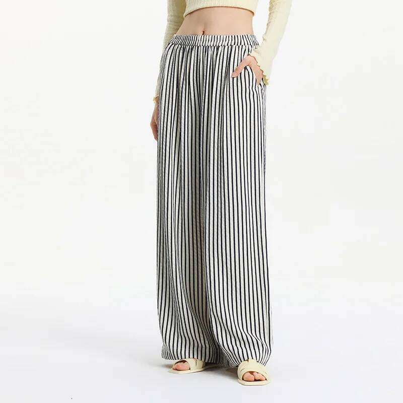 Semir Elastic Waist Casual Pants Women Lazy Chic 2025 Summer New Striped Wide Leg Lengthening Trousers For Daily Walks