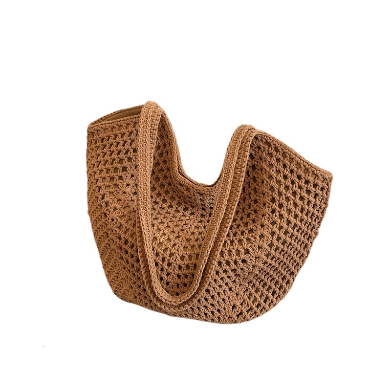 designer Cotton Rope Woven Bag for Women, Summer New Large Capacity Hollow Beach Bag, Casual Style Shoulder Tote Bag