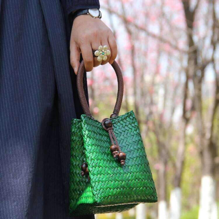 Rattan Handbag Vintage Distressed Straw Woven Mini tote Bucket Bag women clutch bag