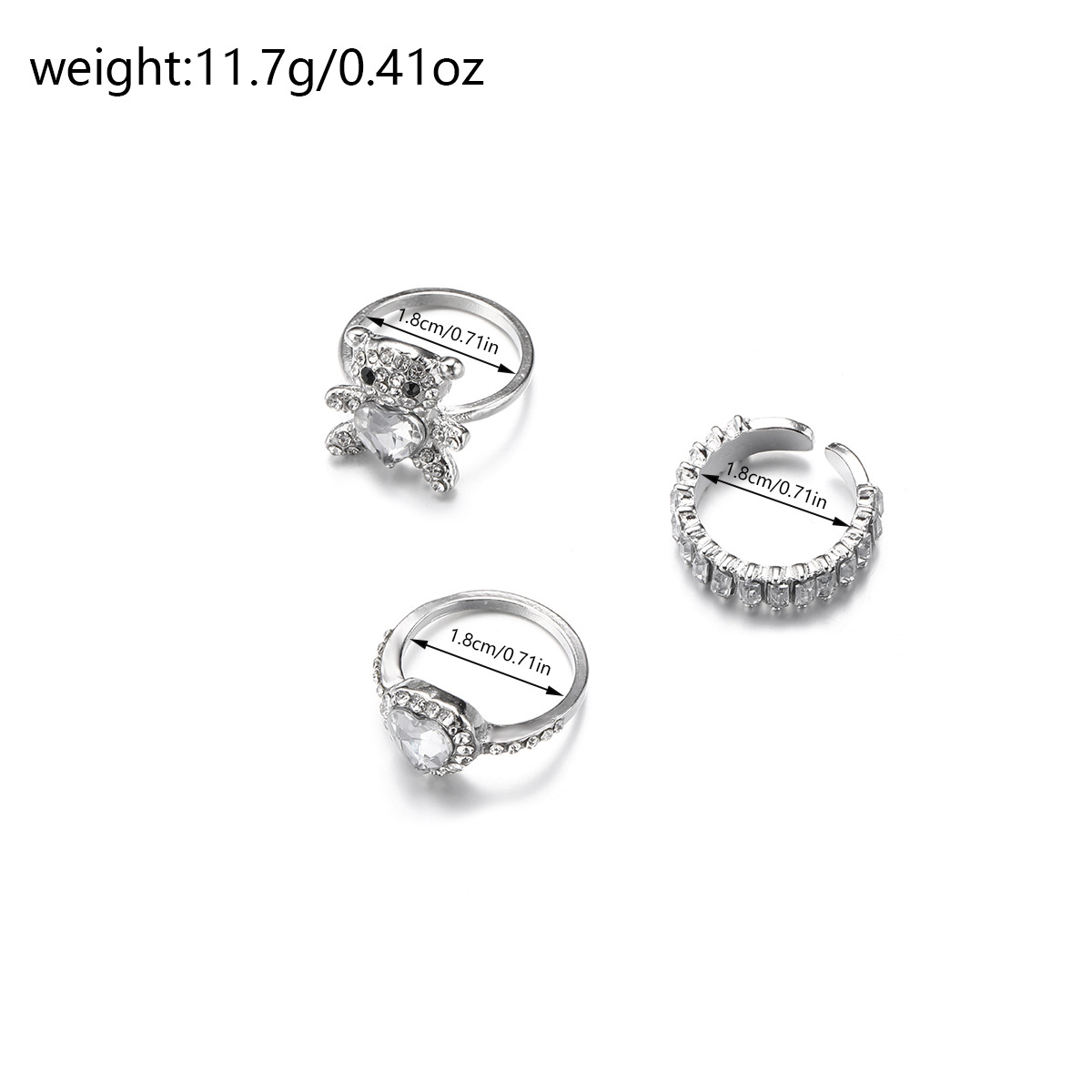Hot selling Luxury style Heart shaped Diamond inlaid Rings with Cute Bear Design A Simple and Adorable Ring Set