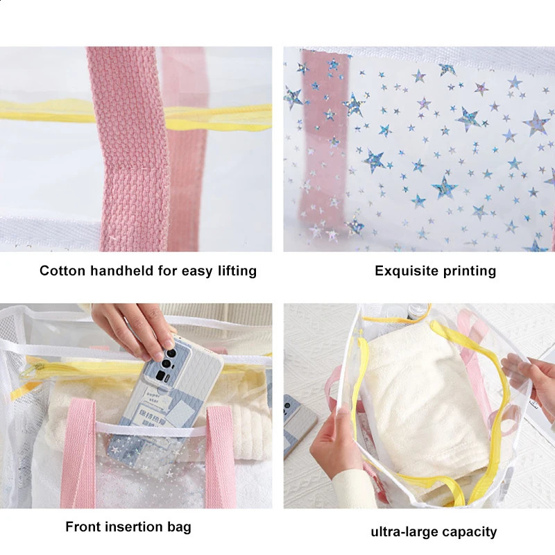 Large Capacity Pvc Waterproof Beach Shoulder Bag For Women Transparent Mesh Hollow Tote Bag Outdoor Swimming Shower Handbag 250530