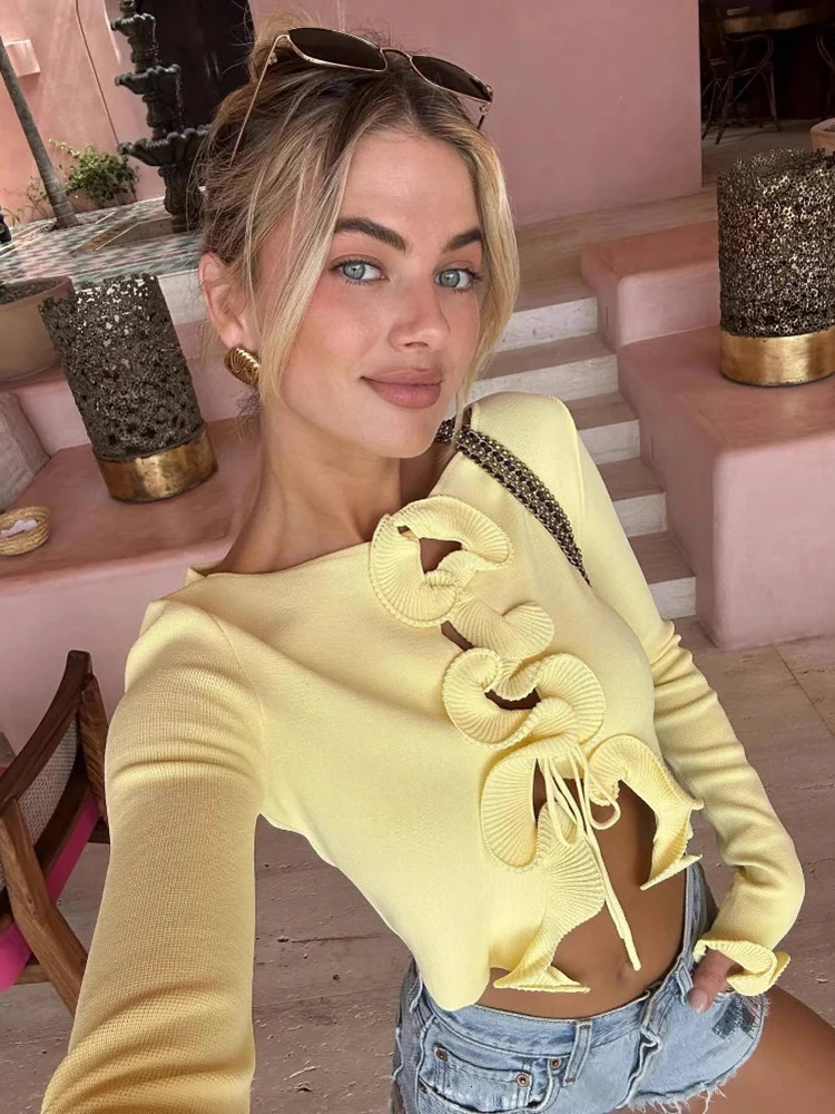 TARUXY 2025 Fungus Long Sleeve Knitted Cardigan Female Contrast Color Splice Short Top Lace Up Bodycon Sweater Cardigan Lady 250530